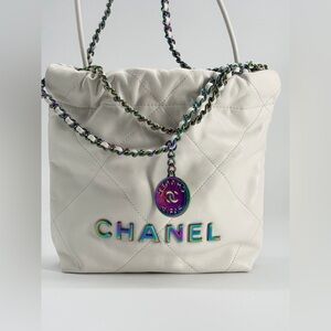 Chanel 22 Mini Hobo Quilted White Calfskin Shoulder Bag Rainbow Hardware